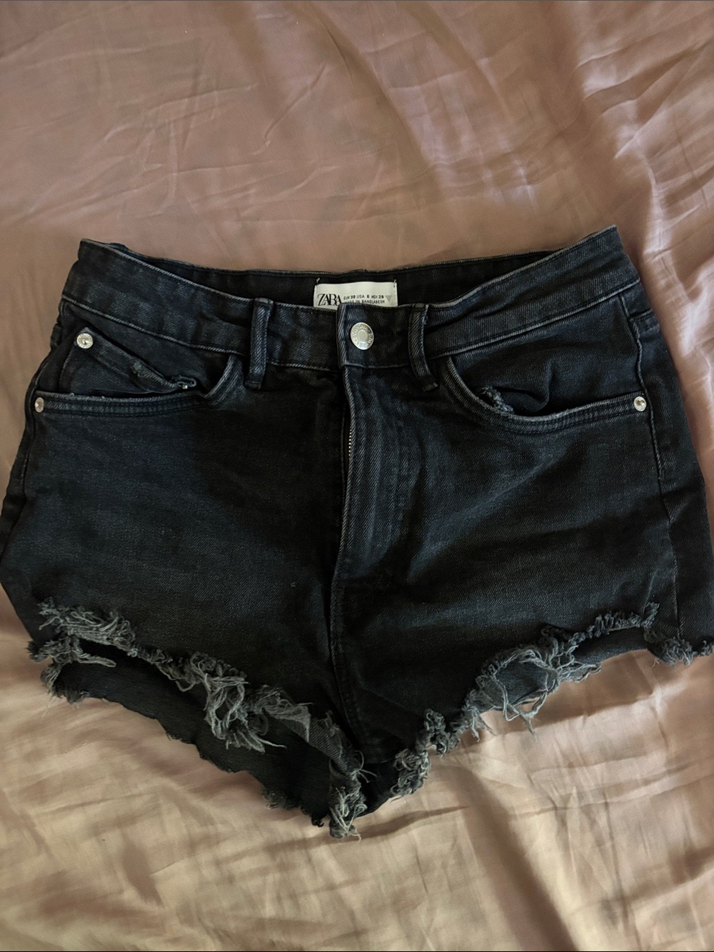 Zara Black Frayed Hem Denim Shorts